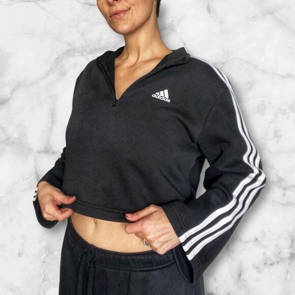 ADIDAS Crop Pullover NEW Zipper Black White Athleisure Medium Women’s - Picture 1 of 11